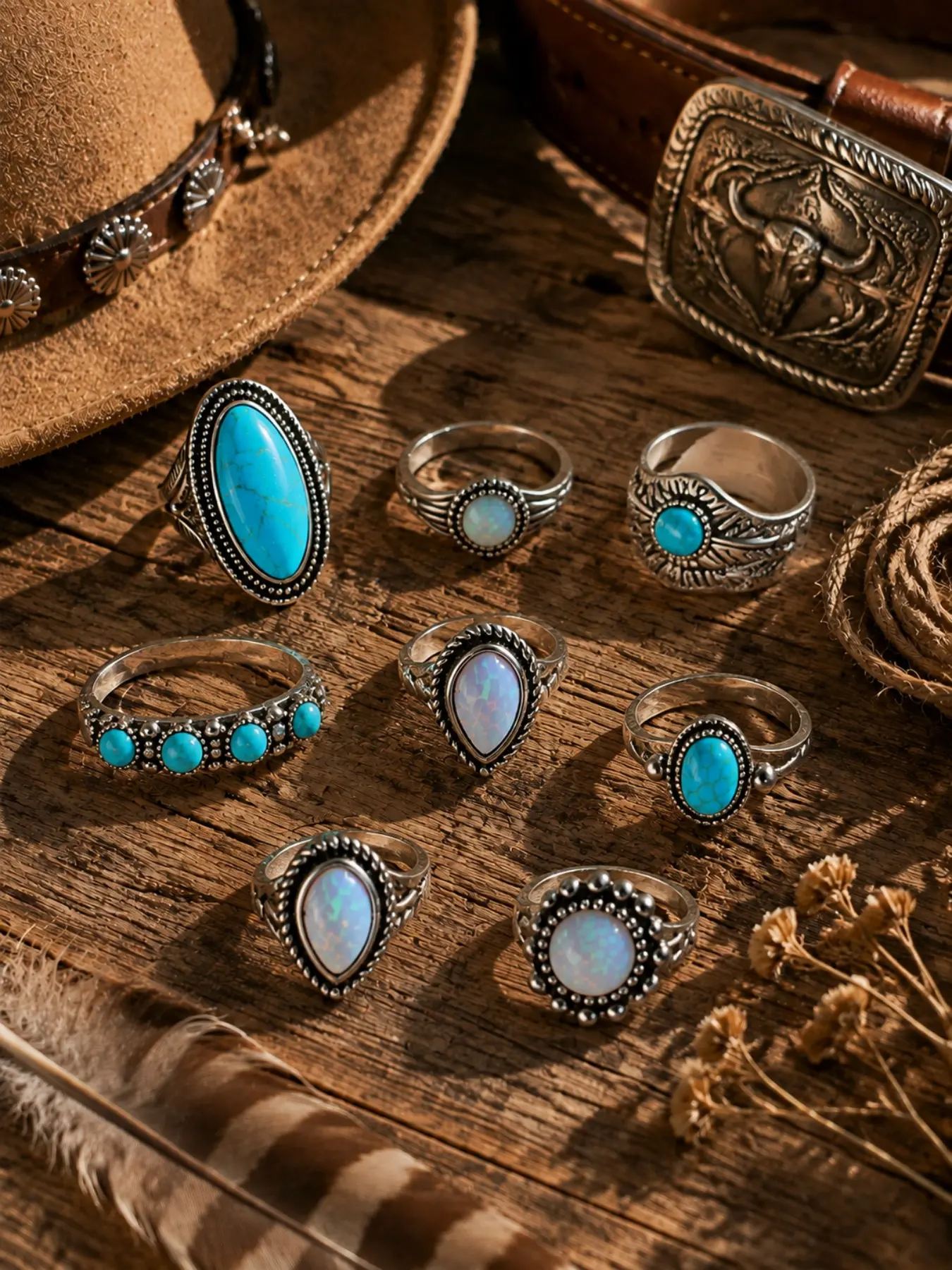 8pcs Western Turquoise Ring Set for Women, Bohemian Ethnic Cowgirl Statement Jewelry, Vintage Style Stackable Rings, Festive & Everyday