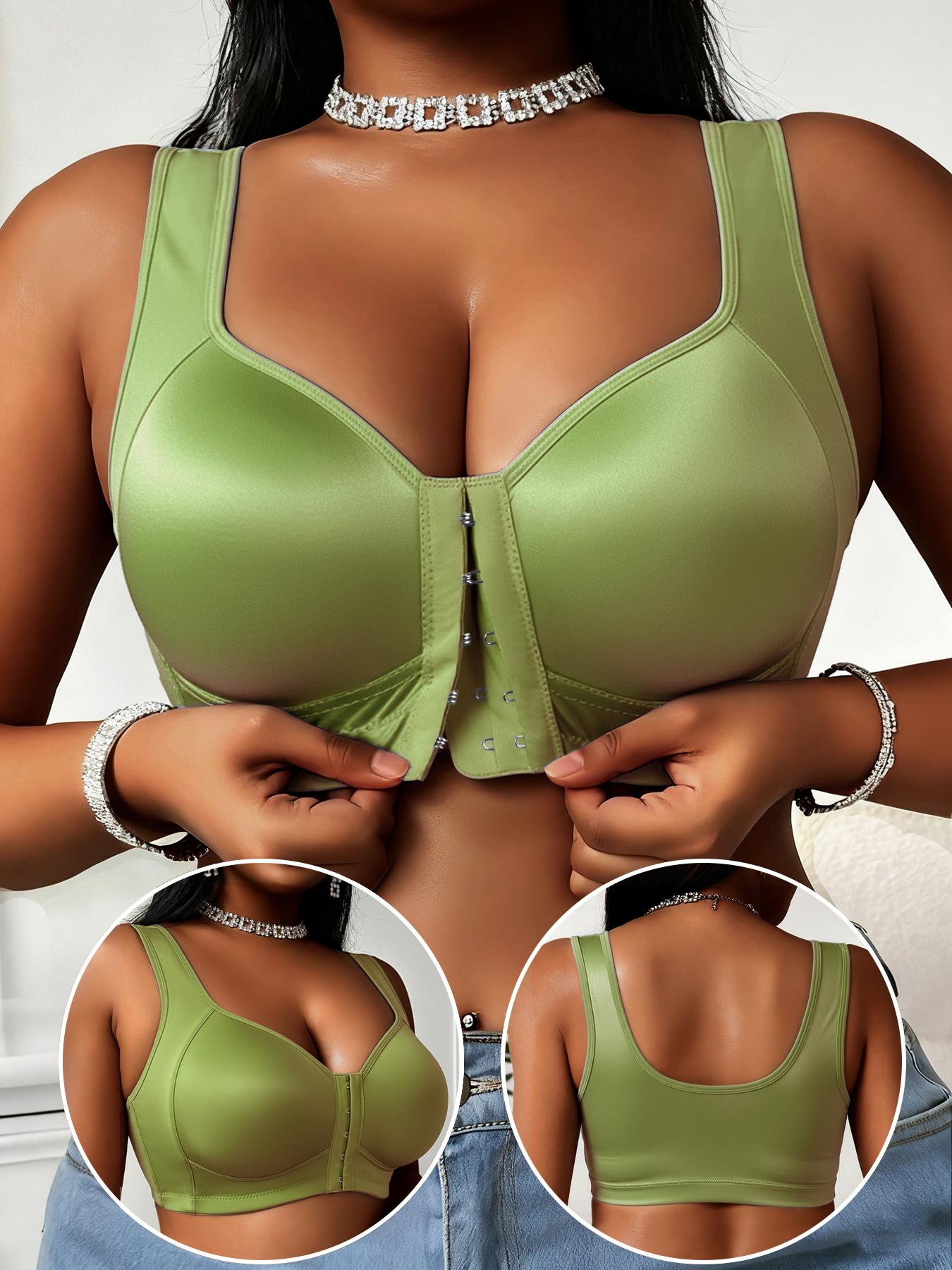 Women's Front Snap Closure Sports Bra, No Underwire Gathered Lift Anti-Sag Plus Size Bras, Smooth Fabric Comfortable Support