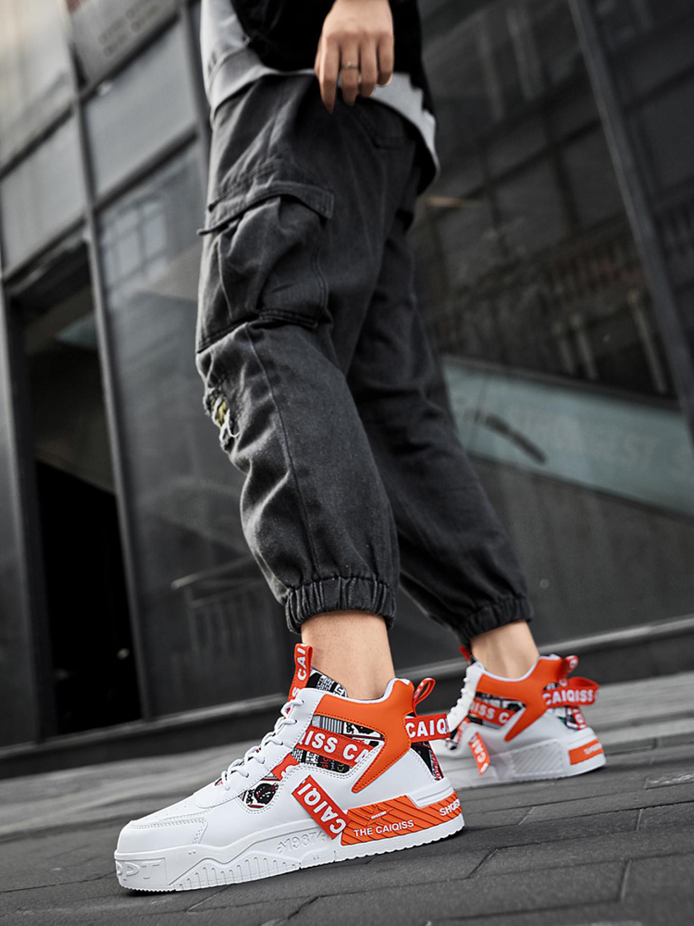 Unisex White-Black Color-Block High-Top Trendy Sneakers, Leather Splicing, Height-Increasing & Anti-Slip, Shock Absorption & Rebound, Street Style Versatile Sports Shoes