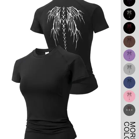 【Black Friday】Women's Skull Wing Print Round Neck Sports Tee, Casual Elastic Dry Fit Quick Drying Breathable Tight-fitting Sports T-shirt for Yoga Running Gym Training, Ladies Sportswear for Summer