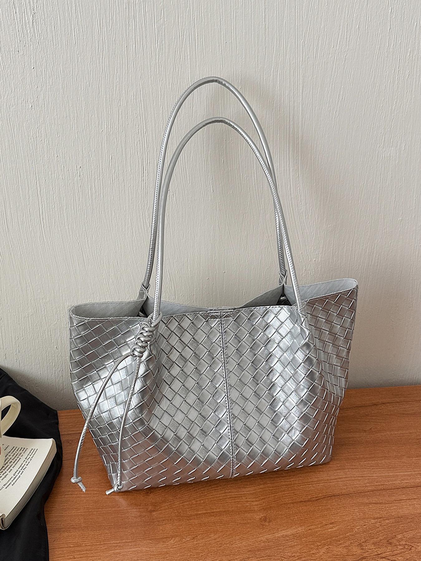 1pc Knitted pattern tote bag for women, large capacity diamond patterned shoulder bag, included with lazy and relaxed shopping bag, essential for women's commuting armpit bag