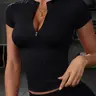 Zip Up Short Sleeve Stretchy Workout Top Slim Fit Stretch Compression Sports Tee Deep V Front Zipper Gym Shirt Breathable Quick Dry Yoga Running Fitness Activewear Exercise Activewear Y2K Sporty Chic Crop Women Black Top Casual Workout Tops