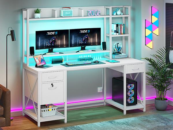 Yitahome Computer Desk with Drawers & Hutch, 59.1" Office Desk with LED Lights & Power Outlets, Gaming Desk with Monitor Stand & Storage Shelves