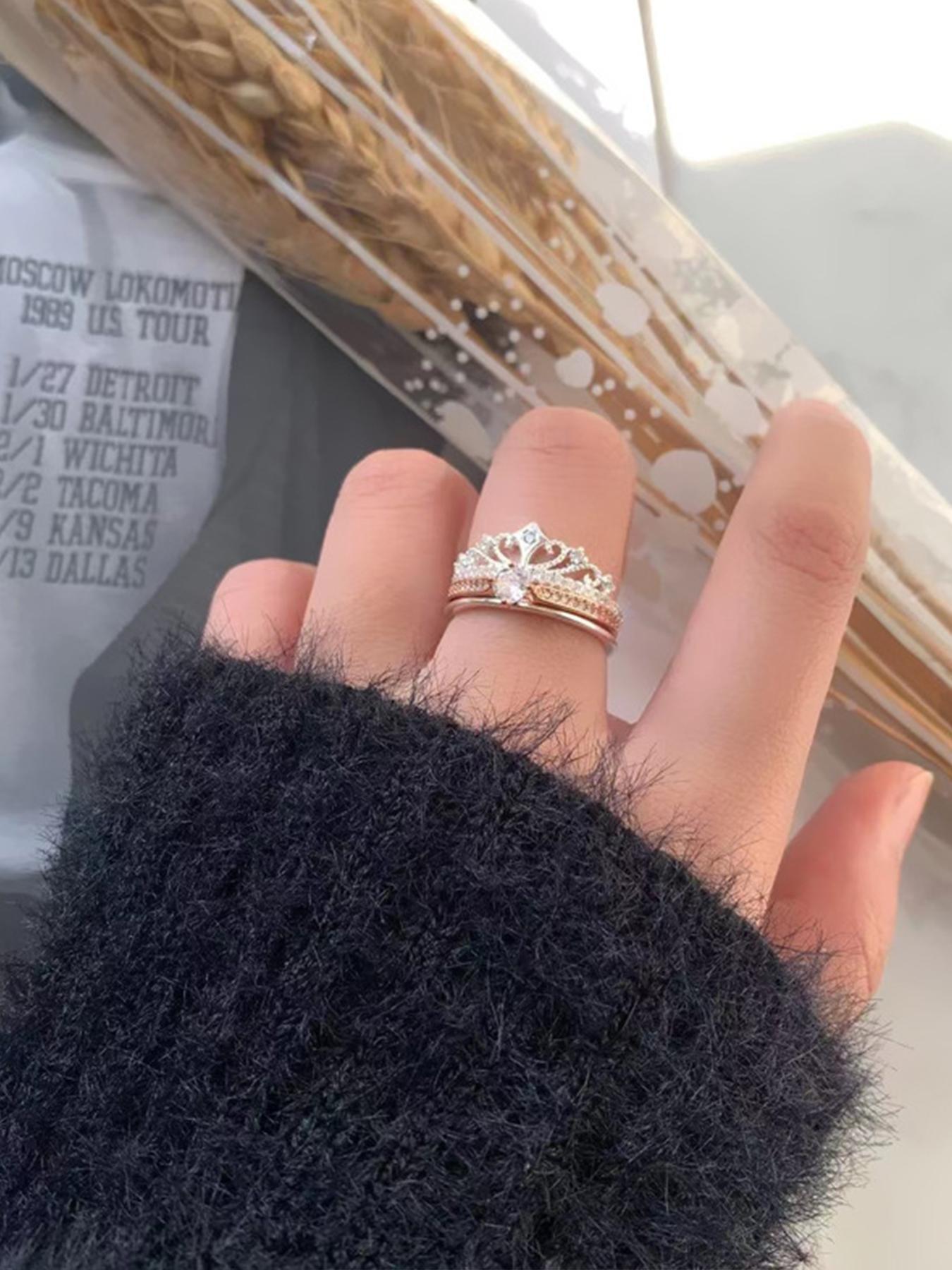 Fireworks Castle Ring, Princess Sparkling Diamond Crown Ring, Stackable Double-Layer Two-in-One Adjustable Rose Gold Ring, Engagement/Wedding Ring, Exquisite Jewelry Gift, Exquisite Trendy Ring