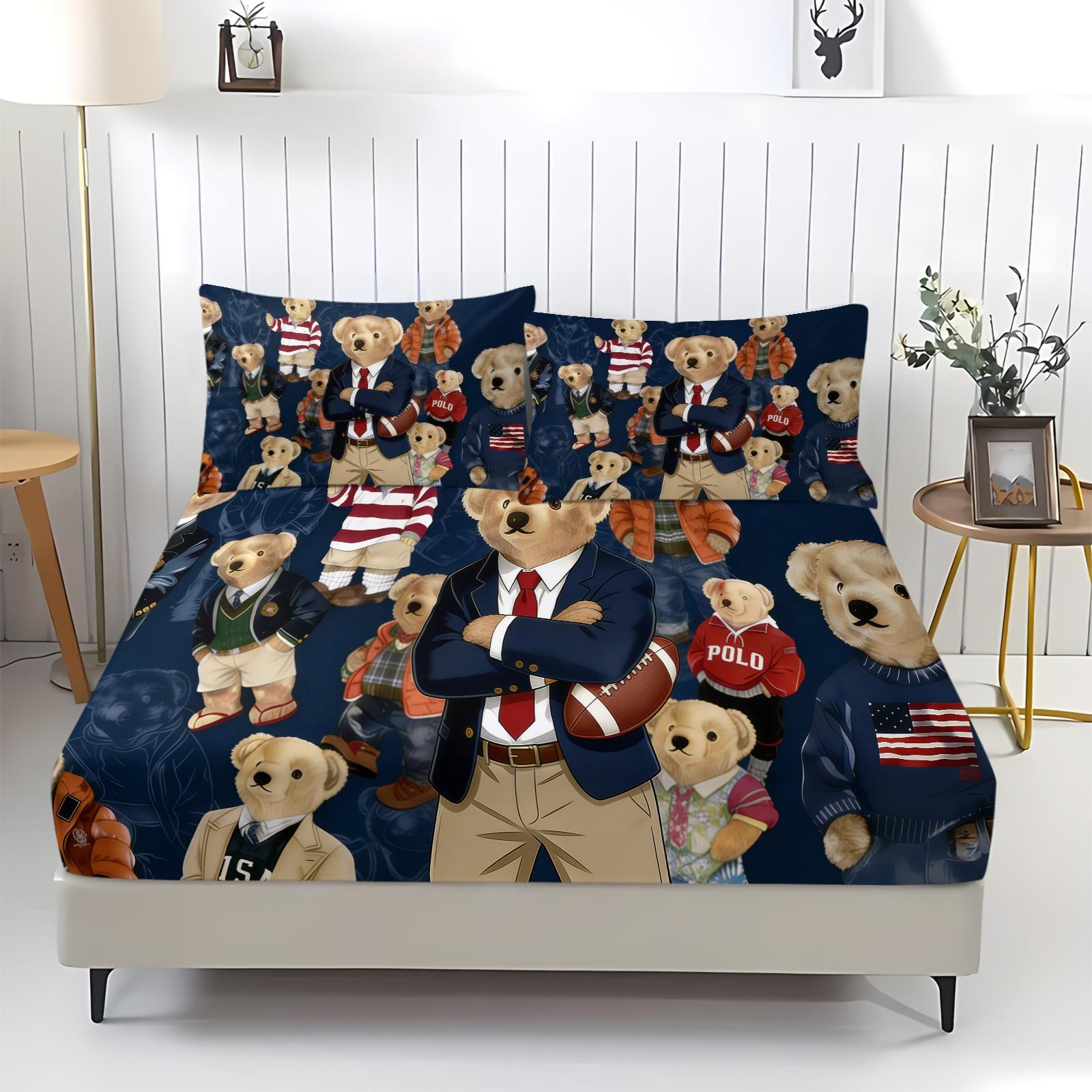 3-Piece Polo Bear Pattern Fitted Sheet Set, Soft And Durable Bedding Set Includes 1 Flat Sheet And 2 Pillowcases, Daily Holiday Birthday Gift Bedroom Decorations For Kids And Adults