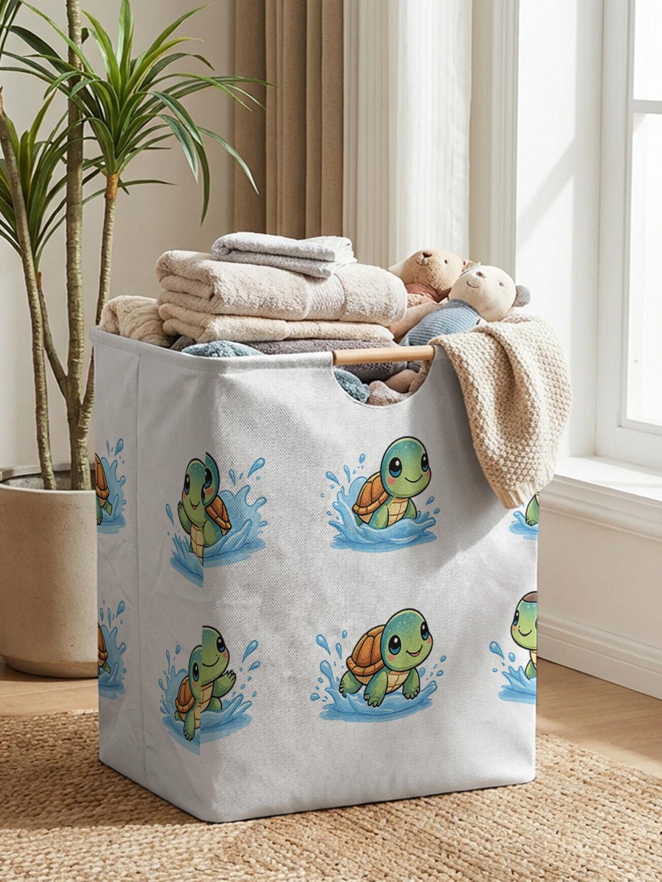 Turtle Pattern Printed Open Storage Bin, Foldable Laundry Basket Storage Bag with Handles, Household Foldable Laundry Hamper for Bathroom and Dirty Clothes Storage