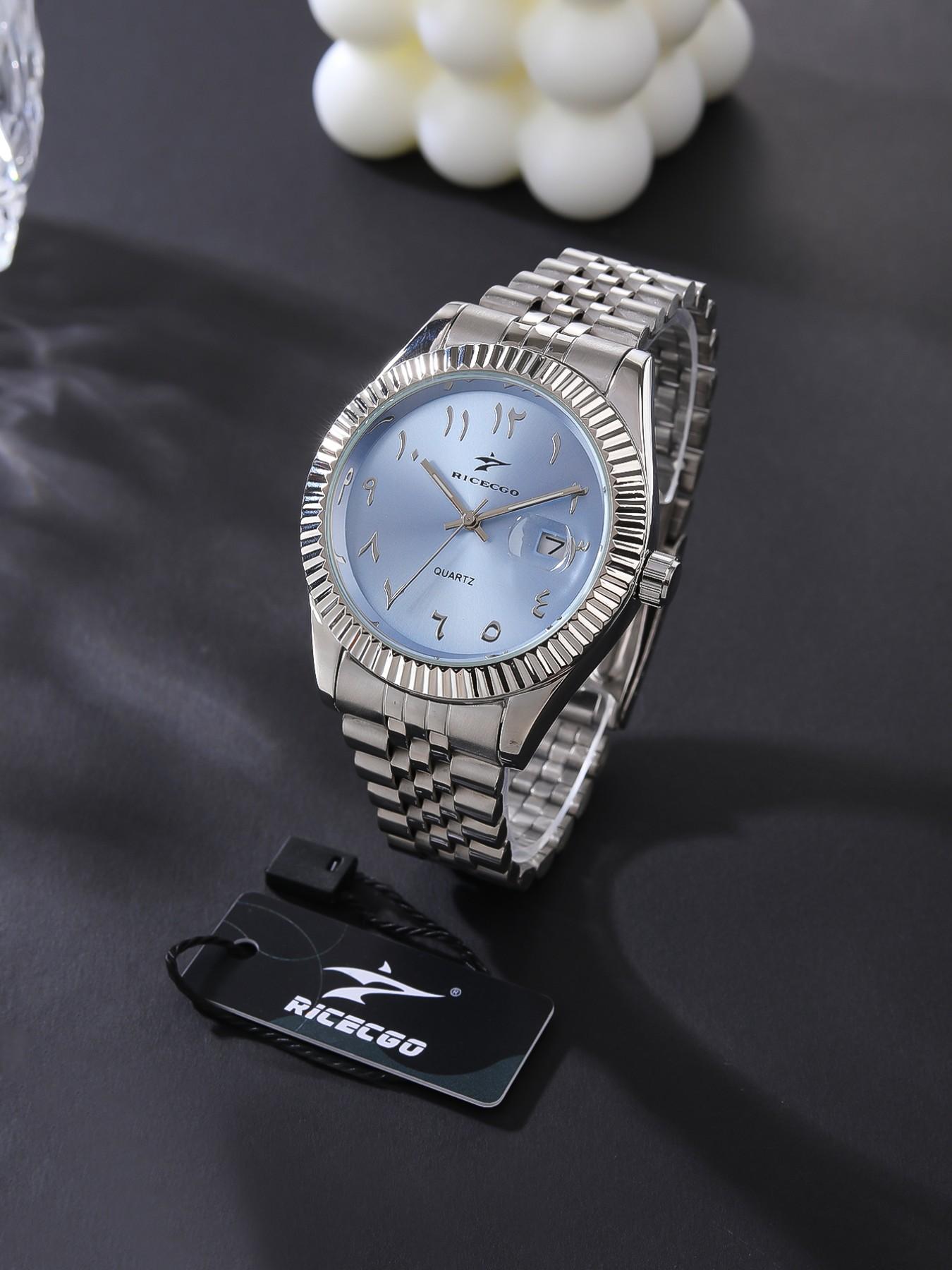 1pc Men's Analog Quartz Wristwatch, Arabic Numerals, Durable Stainless Steel Bracelet, Stylish and Versatile Accessory, Date Function, Suitable for Any Occasion, with Box, Analog Watches!