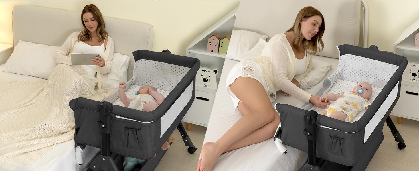 Baby Bassinet,  Crib for Infant and Newborn, Bedside Sleeper with Storage Basket and Mosquito Net, Easy to Fold, Height Adjustable, Portable Side Bed Crib