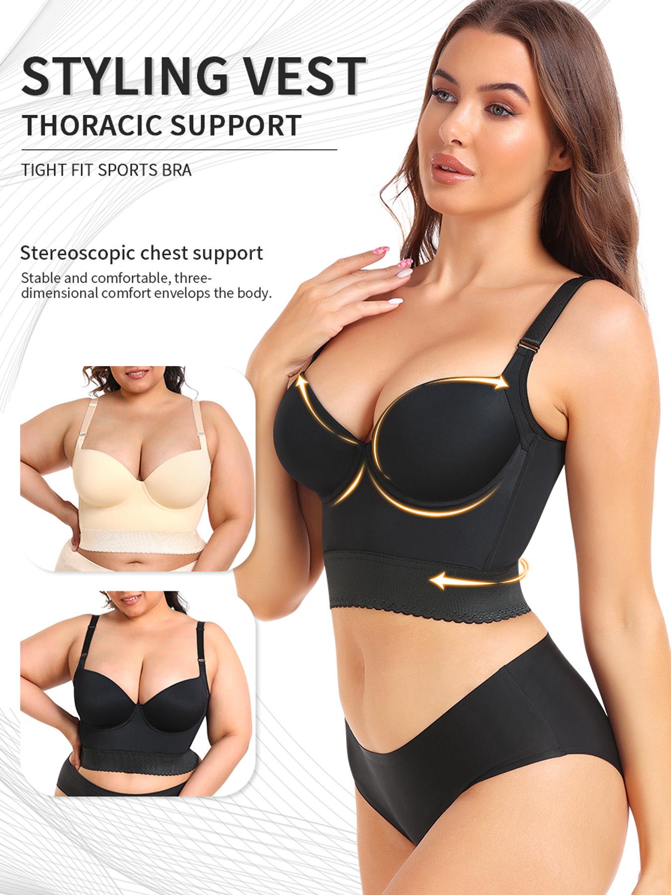 Women's Longline Push-Up Bra, Tummy Control Wireless Backless Beauty Back Bra, Slim-Fitting Medium Support All Season Supportive Bra