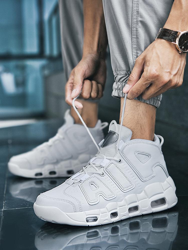 Men'S Casual High-Top Sneakers, Air Cushioned Design Basketball Shoes, Trendy Fit, PU Leather Upper, Rubber Sole, All Seasons, Medium Width, Above Ankle