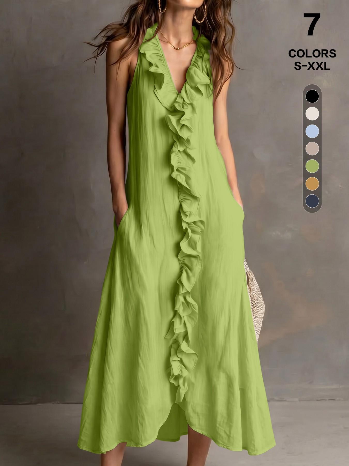 Elegant Chic Summer Boho Bohemian V-Neck Sleeveless Halter Maxi Dress for Women with Ruffle Trim, Comfortable Textured Fabric, Pockets, Multi-Size, Casual Wear, Everyday & Vacation Wear, Womenswear