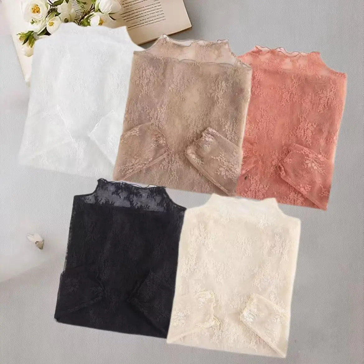 Women's 5pcs/3pcs Elegant Lace Mock Neck Undershirt, Sheer Mesh Long Sleeve Tops for Layering & Going Out, Light Refined Chic Dress Casual See-Through Base Layer (Black+White+Coffee+Caramel+Apricot, Others Available)