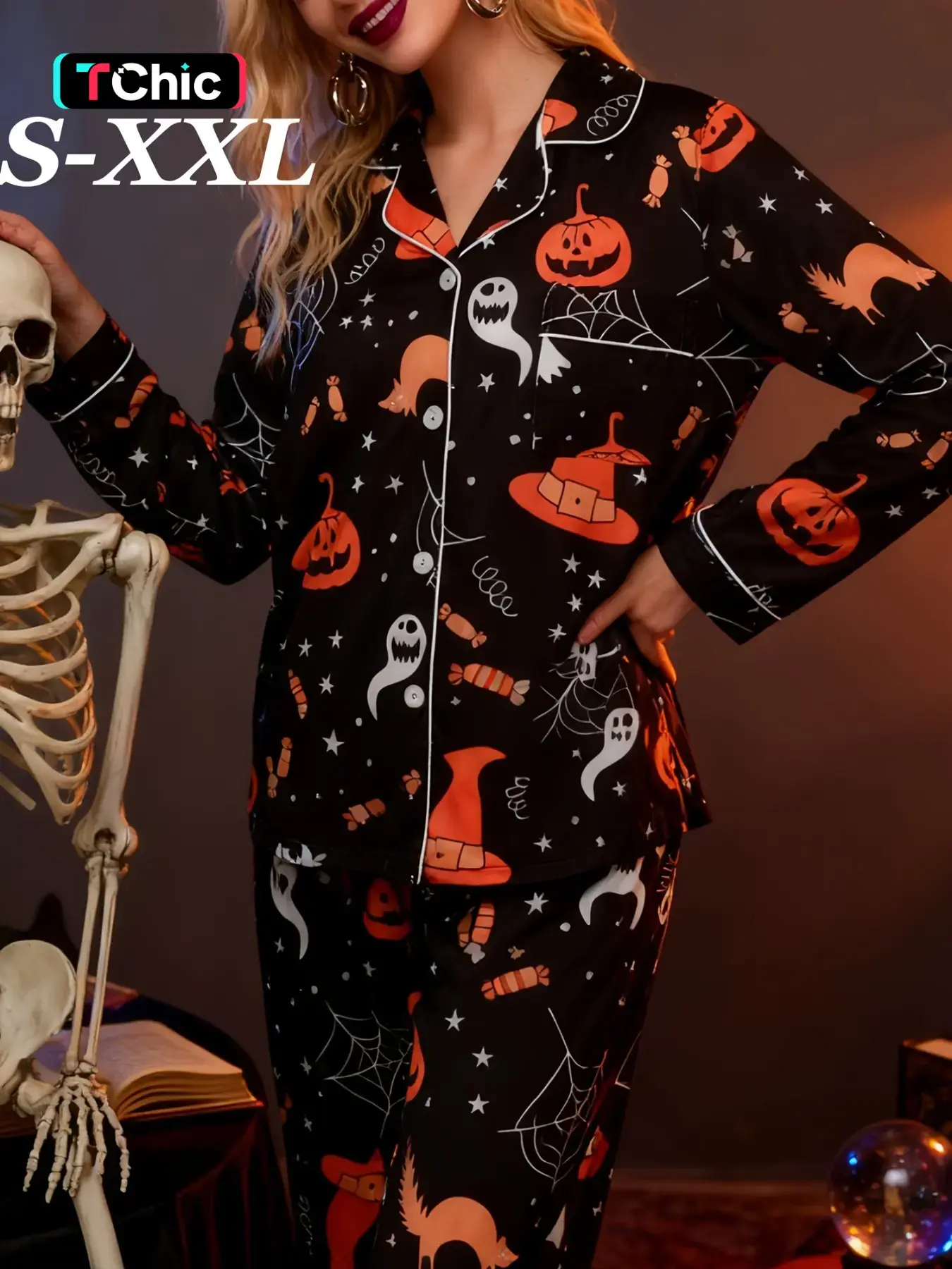 Halloween Pumpkin Ghost Print Women's Pajama Set, Soft Satin Material, Comfortable Loose Fit, Long Sleeve Top and Pants, Festive Home Sleepwear, Casual Home Nightwear, Fashion Sleepwear