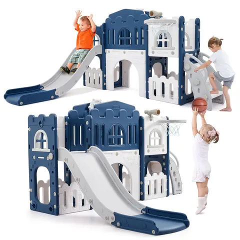 Gaomon Christmas Gift Ideas 8-in-1 Toddler Slide + Climb Combo Playground Equipment - Non-Toxic HDPE Plastic Indoor/Outdoor Activity Center with Crawl Tunnel, Basketball Hoop, 2 Storage Compartments, Stable L-Base, 1-3 Ages Kids Birthday Gift