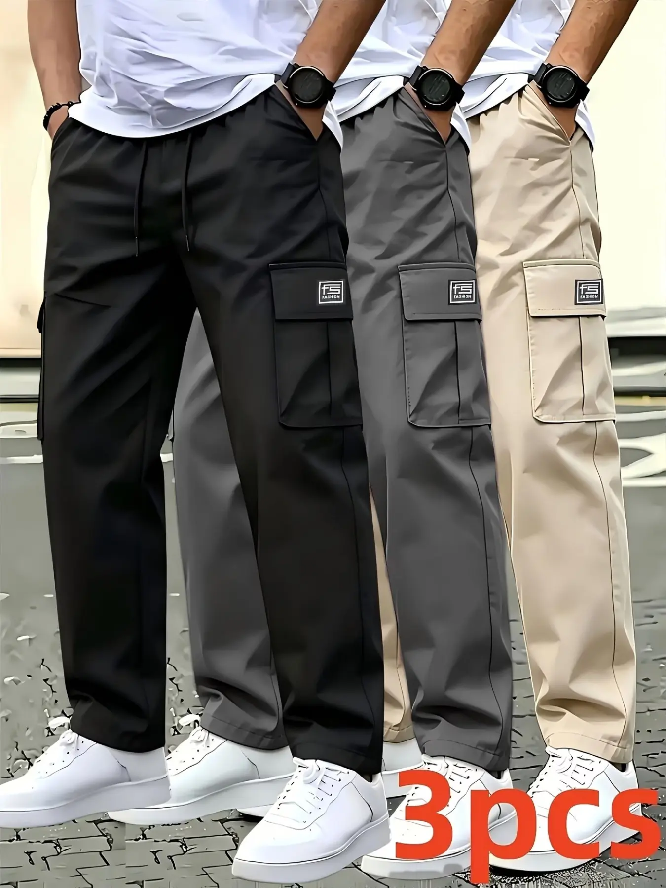 Men's Four-Season Solid Color Plain Multi-Pocket Work Pants, Casual Versatile Bottoms with Drawstring and Side Pockets, Ideal for Daily Wear and Gifts