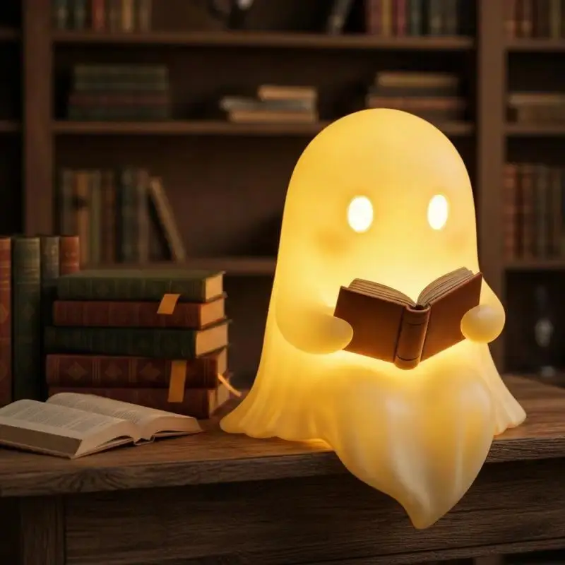 Halloween Desktop Ornament Cute Ghost Reading Book Lamp Battery Operated LED Light for Party Home Desk Decoration Gift
