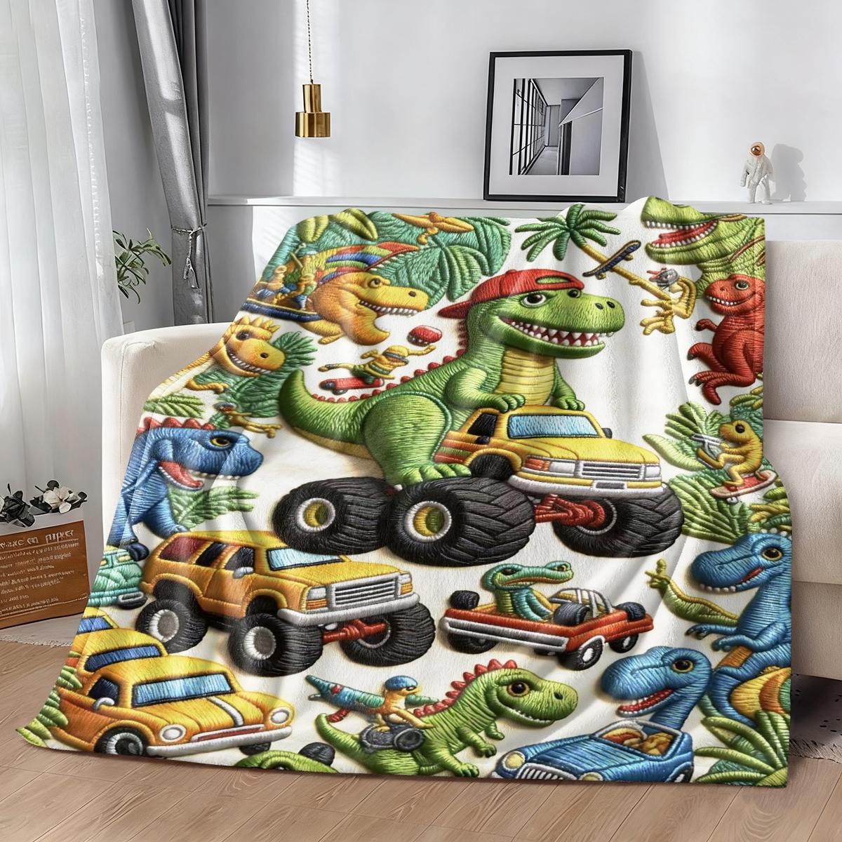 Dinosaur Monster Truck Print Flannel Blanket, Jurassic Tyrannosaurus Pattern, Soft Warm Cover, Boy Bedroom Sofa Game Room Use, Birthday Gift