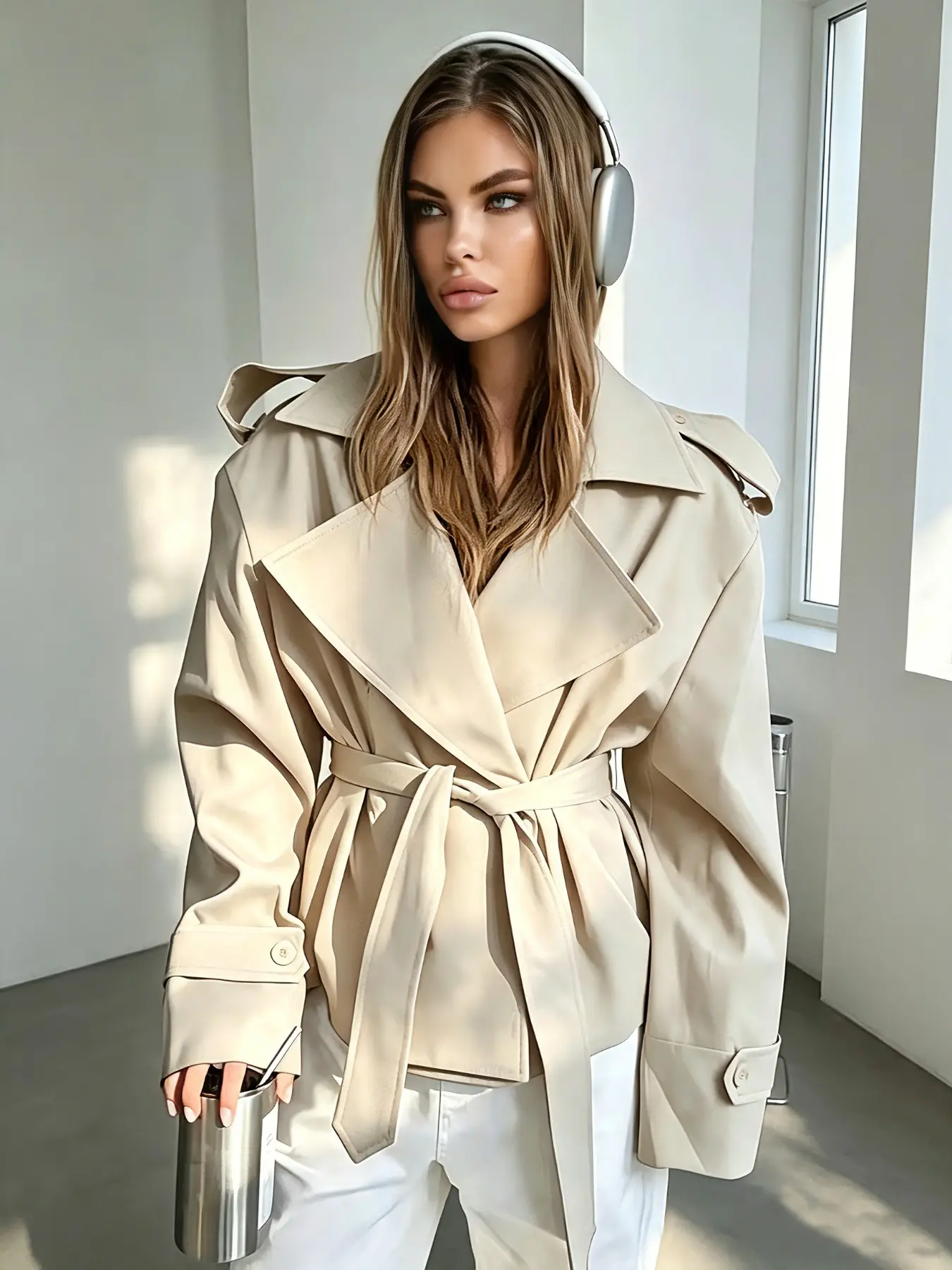 Women Solid Lapel Trench Coat, Spring Fashion Full Sleeve, Waist Cinching Short Windbreak, Lady Ol Commute Outwear, Stylish Women's Jacket