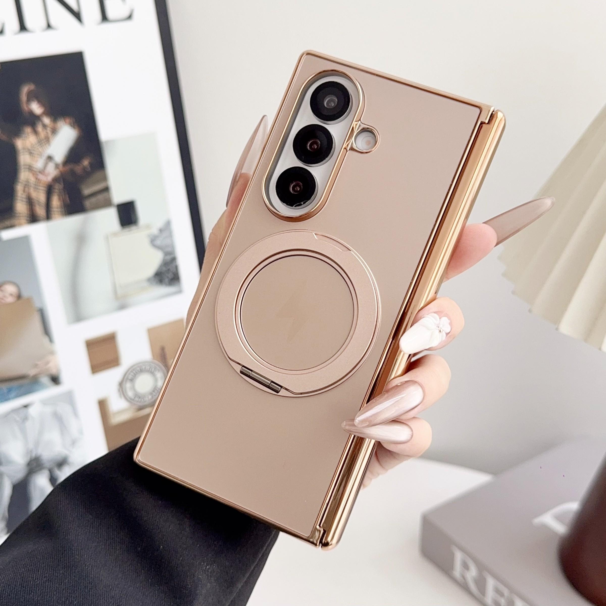 High-End Ag Frosted Electroplated Dual Axis Phone Case for Samsung Galaxy Z Fold7/6/5/4, 360° Rotating Stand, Wireless Charging Support