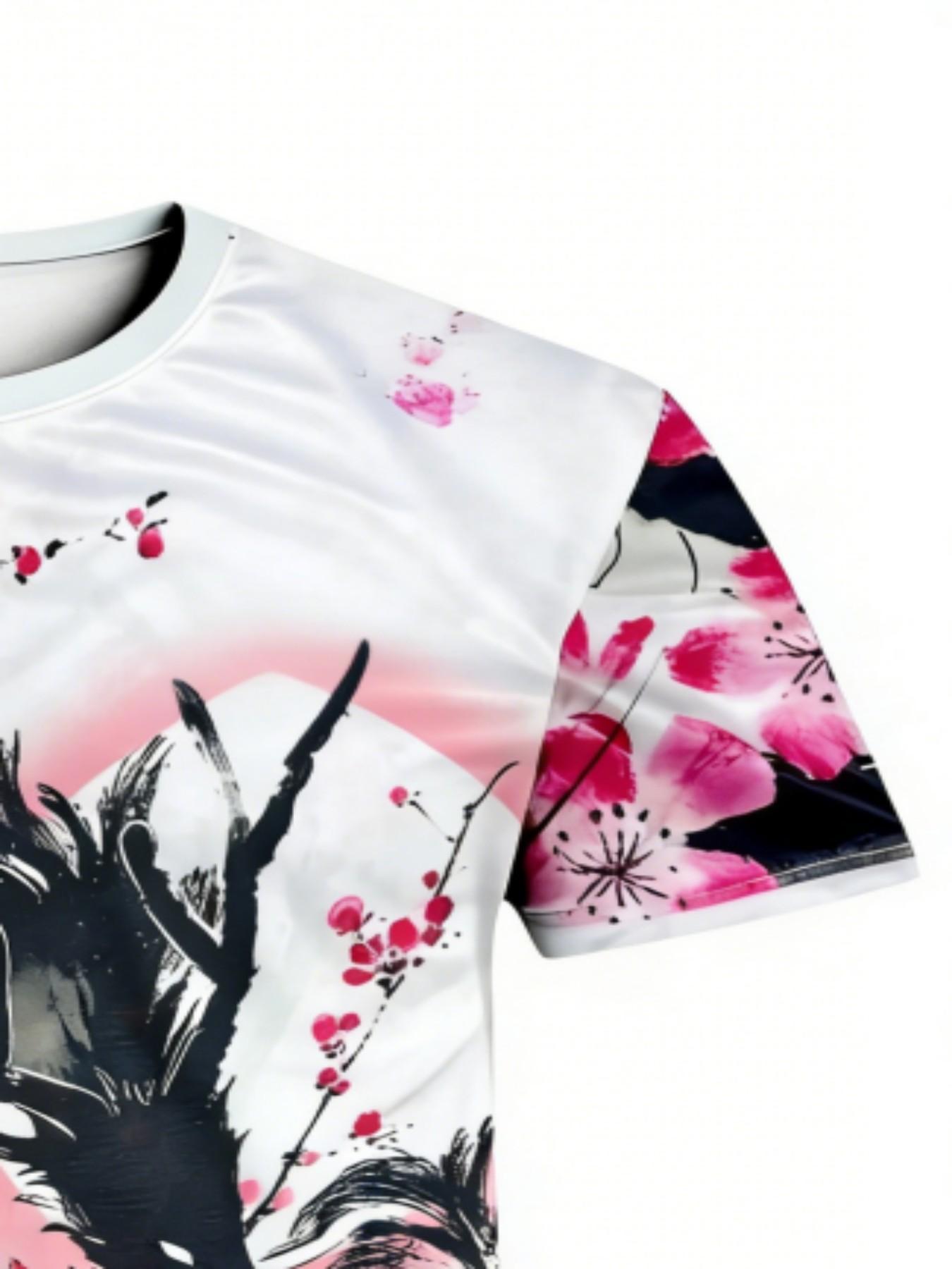 Men's Japanese Dragon Cherry Blossom Ink Wash Print T-Shirt, Asian Street Style Round Neck Short Sleeve Top, Sporty Loose Fit Geometric Pattern