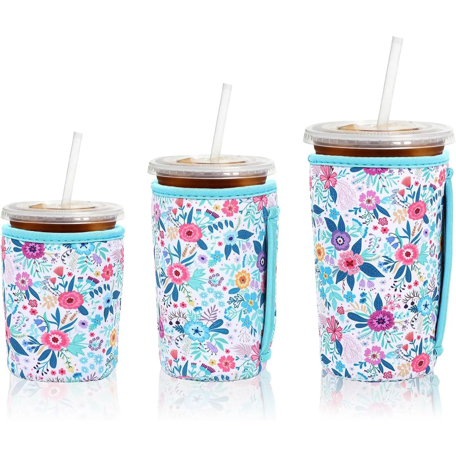 3-Pack Reusable Neoprene Insulated Drink Sleeves, Machine Washable for Hot/Cold Beverages, Medium (22-24 oz) & Large (32 oz), Anti-Condensation, Compatible with Dunkin Donuts, Starbucks Mugs, Tumblers & Iced Cups (For Coffee Enthusiasts), Collapsible