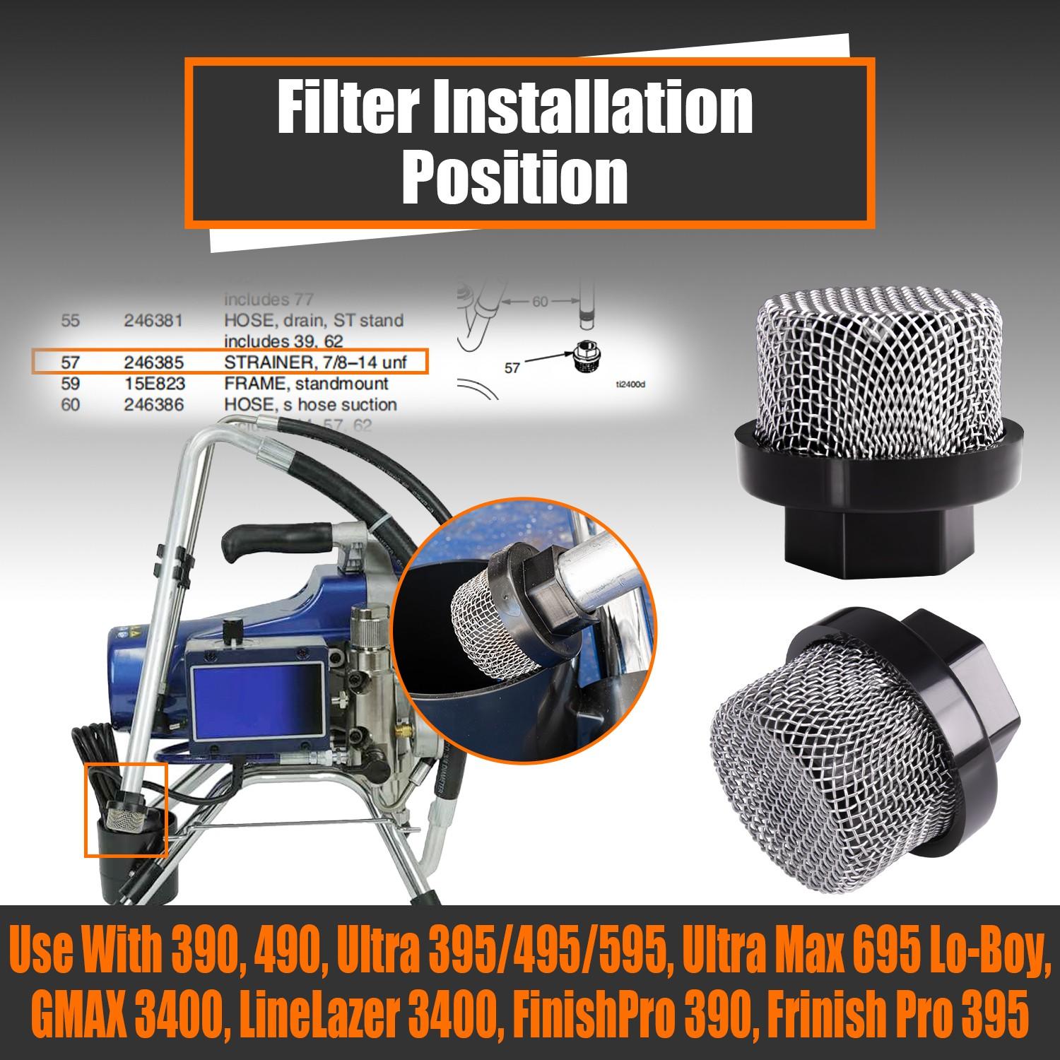 246385 246384 287032 Filter Set for Graco 390 395 490 495 595 3400 Sprayer – Stainless Steel Paint Sprayer Replacement Filters for Pump, Gun & Suction Tube