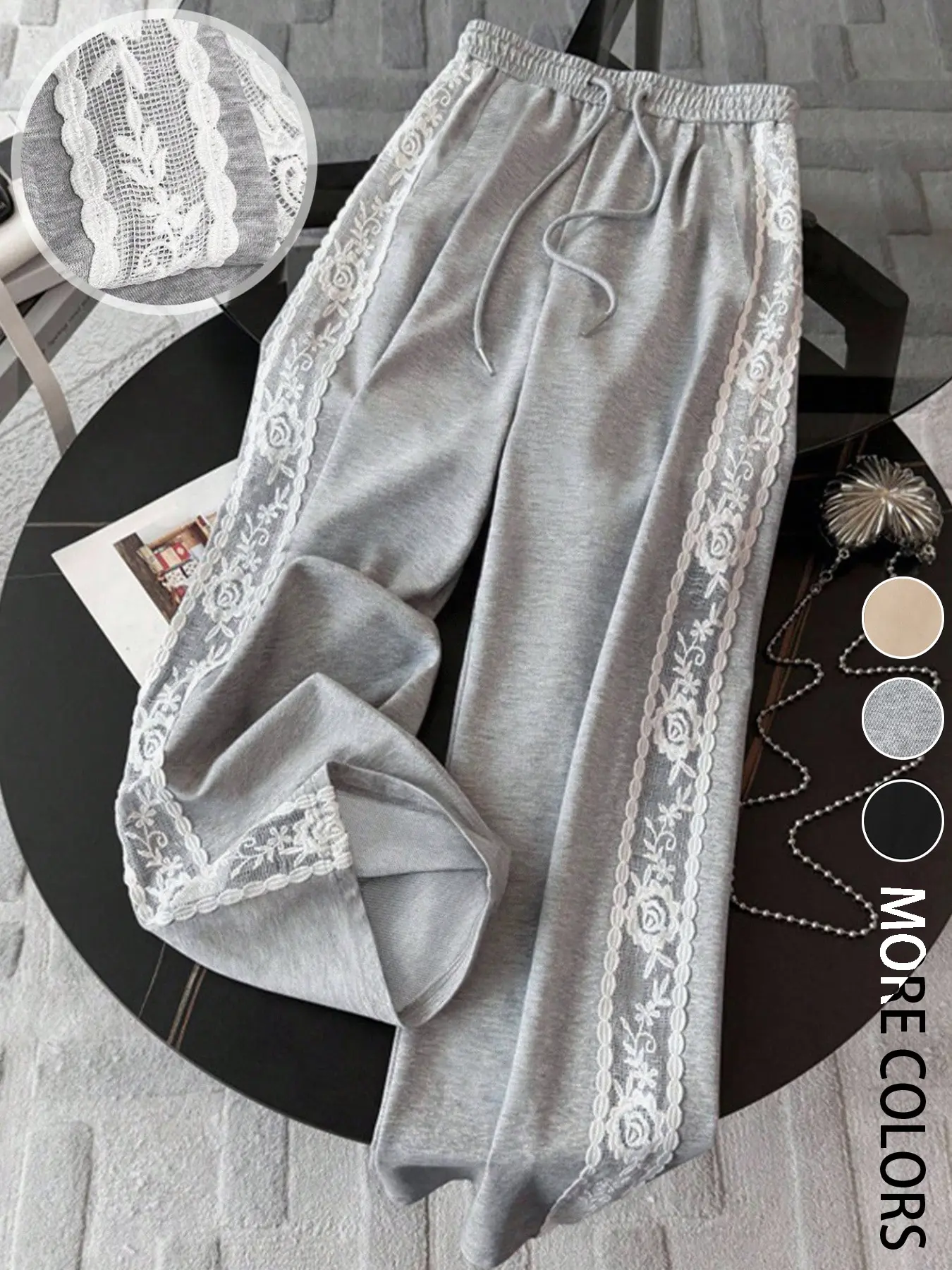 Women's Casual Lace Patchwork Elastic Waist Side Pocket Loose Straight Leg Pants, Sporty Athleisure Sweatpants, Comfortable and Stylish