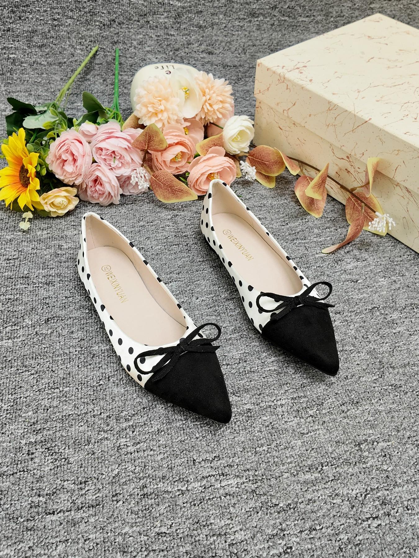 Elegant Polka Dot Colorblock Pointed Toe Shoes, Bow Soft Sole Low Heel Flats, Professional Office Women's Shoes