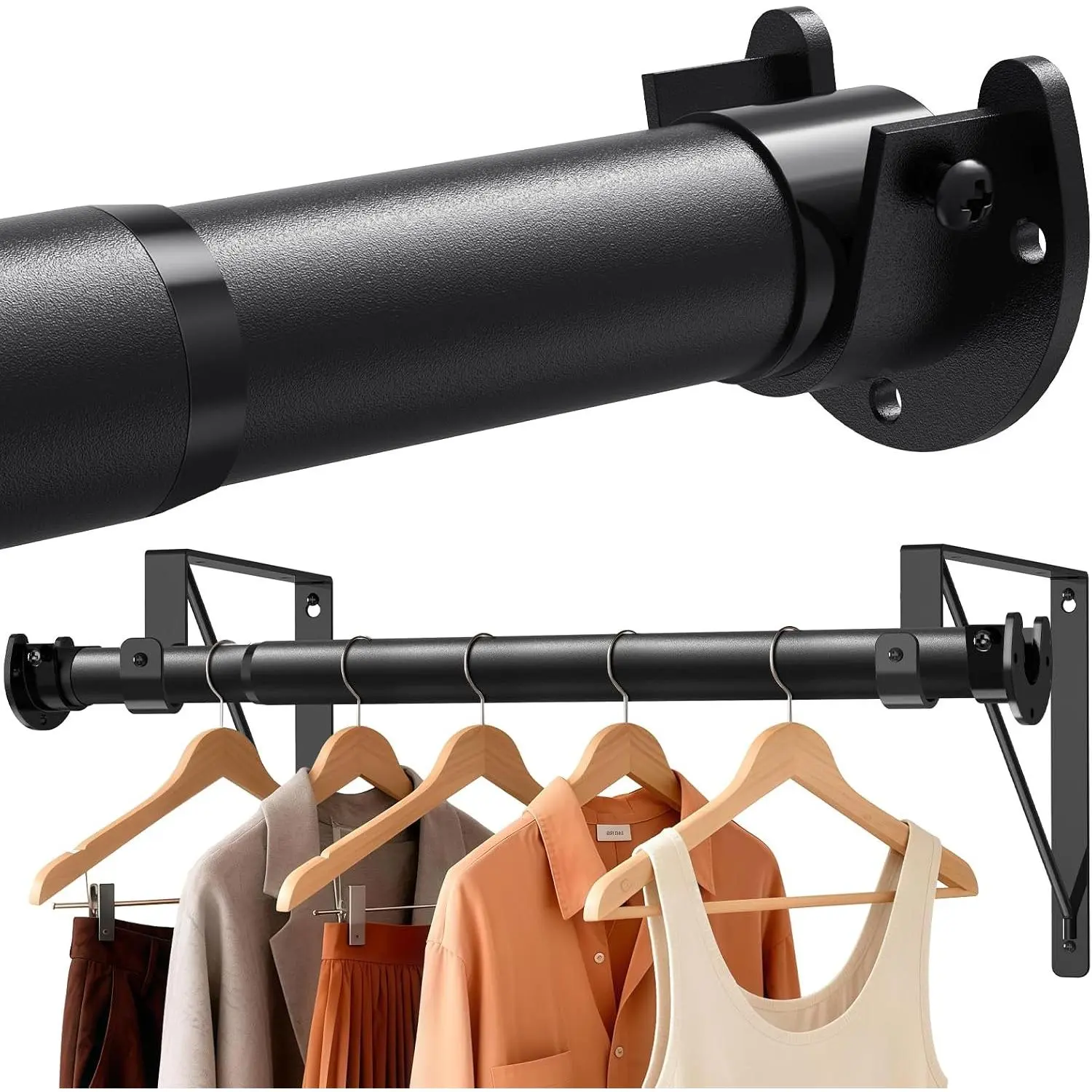 Adjustable Closet Rod with Triangular Brackets, 17-28in, Black | 1.3in Metal Closet Rod Supports Up To 150 lb, Heavy Duty Rod Reduces Sagging and Mount Securely for Wardrobes Closet Laundry