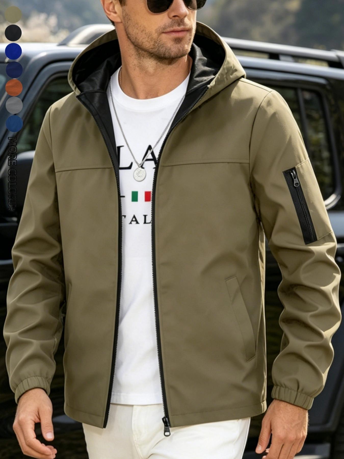 Men's Windproof Jacket, Quick-Dry Breathable Lightweight Outdoor Coat, Hooded Parka with Multiple Pockets, Streetwear & Sporty Style