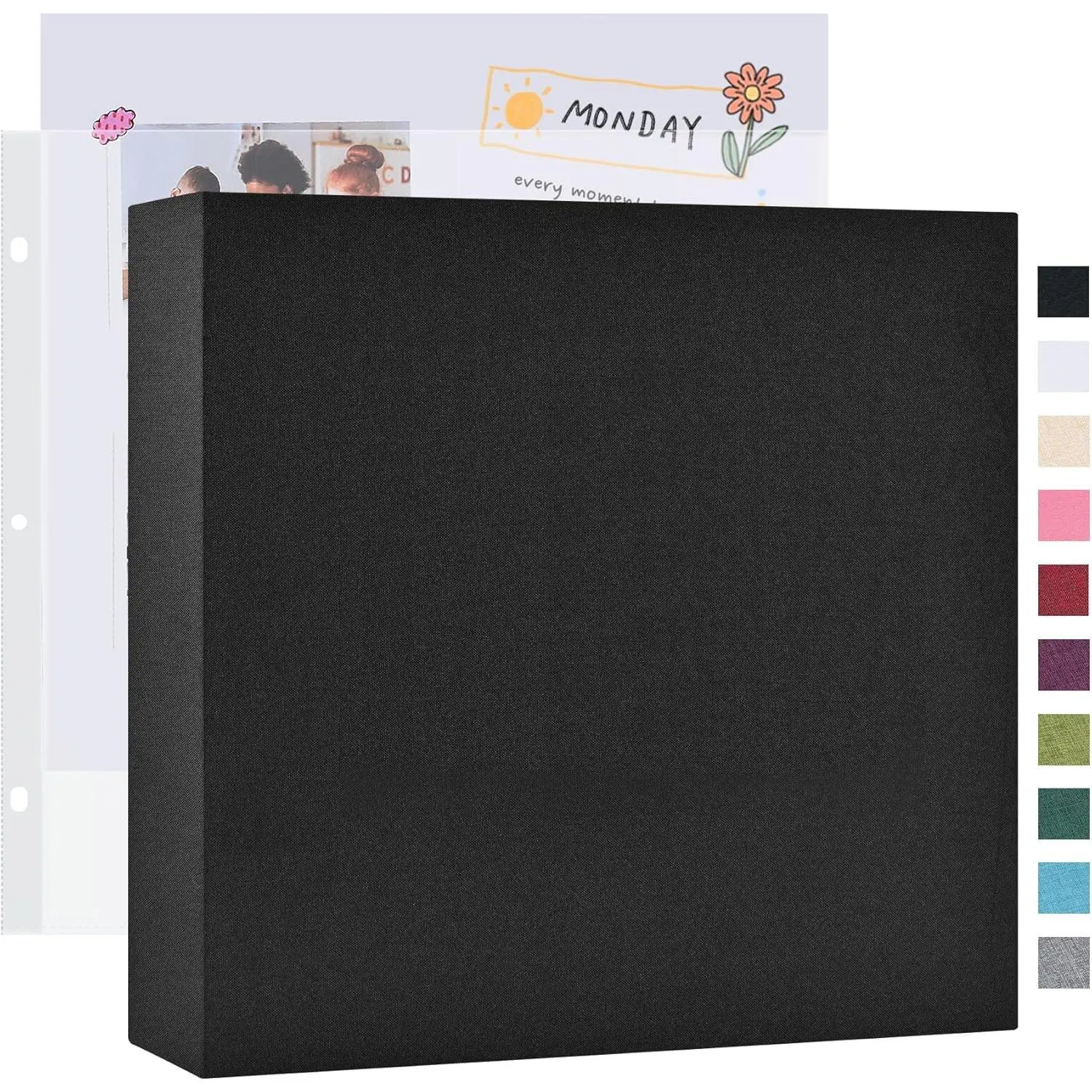 12x12 Inch Large 3 Ring DIY Scrapbook Photo Album with 40 Plastic Sleeves 80 Pages Linen Cover Folder Binder for Baby Travel Wedding Couple Anniversary and DIY Projects (Black)