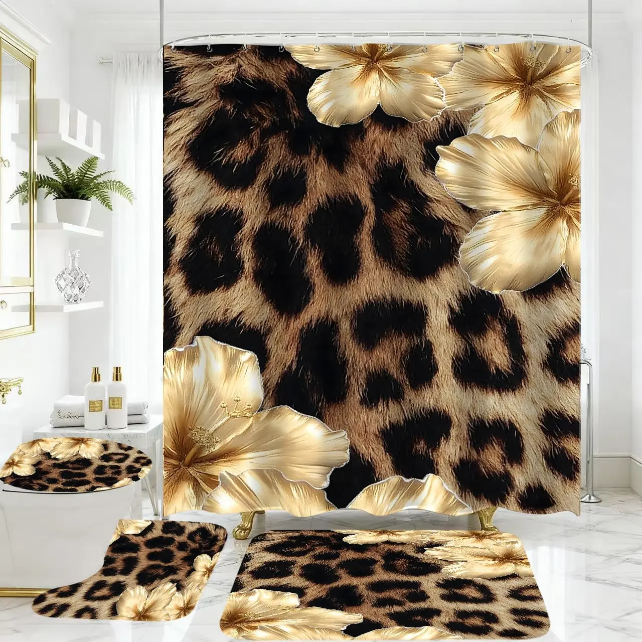 Brown Leopard Exotic Print Fabric Shower Curtain Set (1-4 Pieces) - Luxury Golden Floral Art Bathroom Decor with Nylon/Poly Polyester Non-Slip Rugs, Toilet Lid Cover for Shower Area