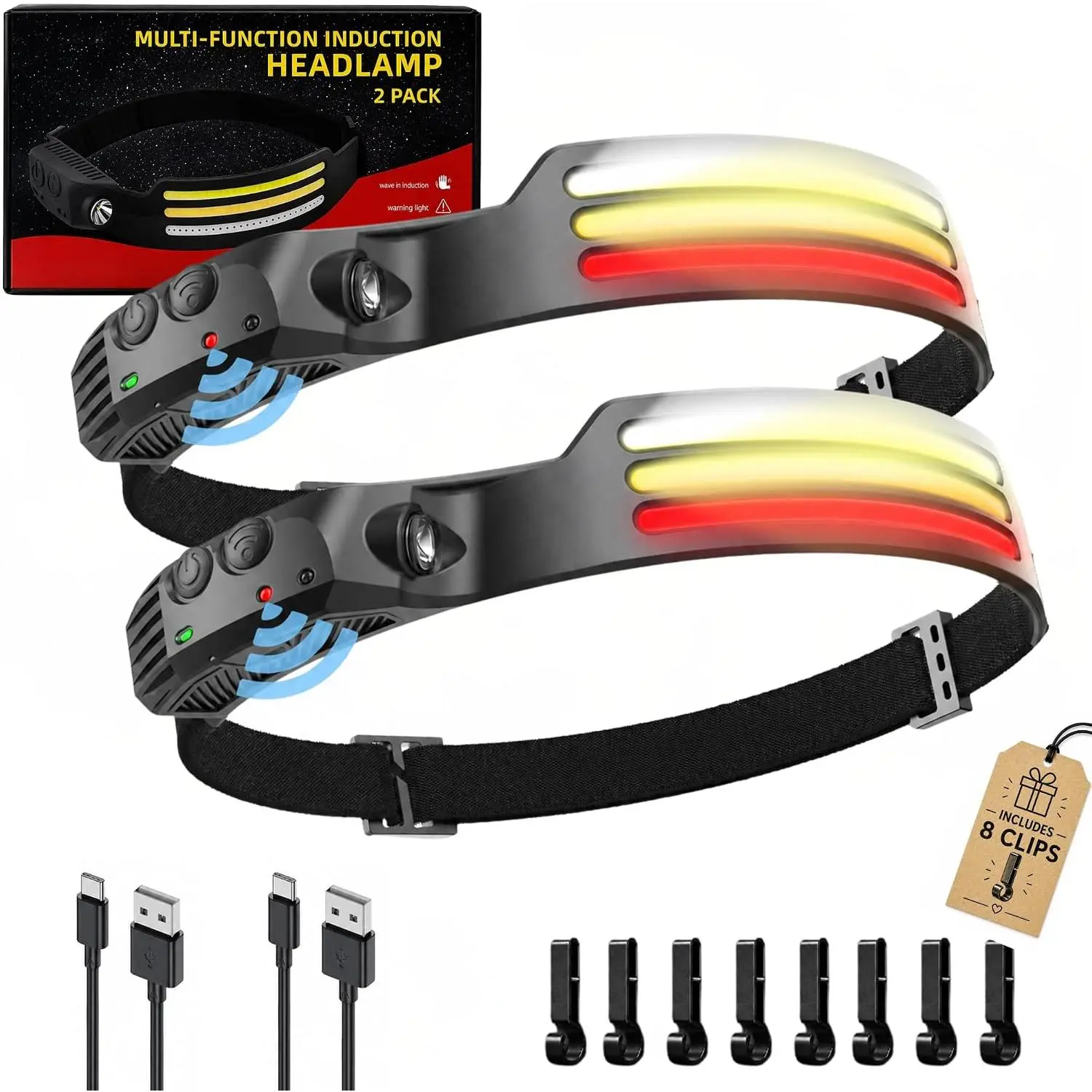 LED Headlamp Rechargeable, Motion Sensor, Red & Yellow Light, Hard Hat