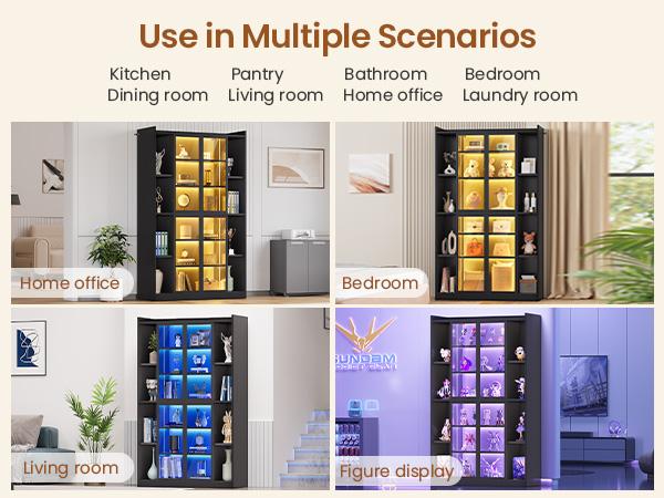 SEDETA 64 Inch Display Cabinet with Glass Doors 6 Tier Tall Bookcase with LED Lights Curio Cabinet with Adjustable Shelves