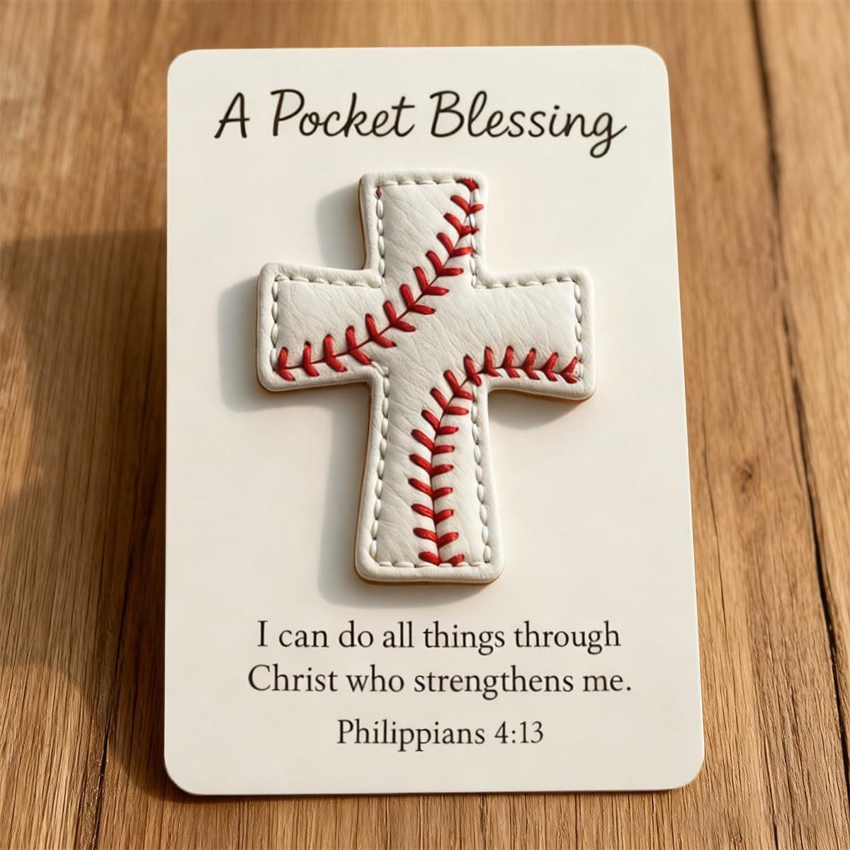 Pocket Blessing Baseball Cross Leather Encouragement Card, Faith Gift for Athletes, Inspirational Sports Souvenir