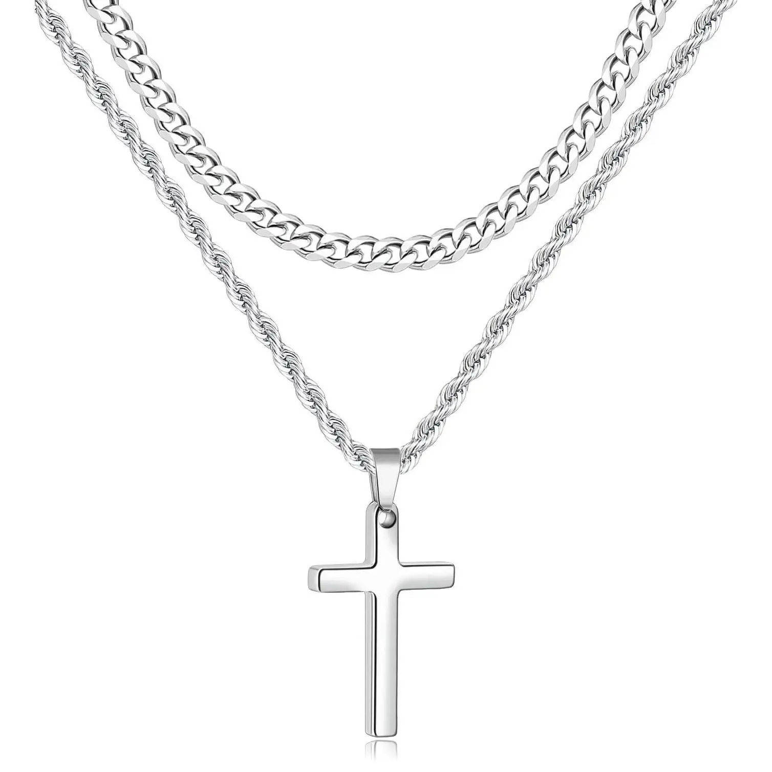 Stainless Steel Diamond Cut Chunky Unisex Cross Charm Layered Sets Necklace - 2-in-1 Cuban-Rope Double Chains, Hypoallergenic Silver Plated Pendant, Casual Everyday Wear Fashion Jewelry Gift