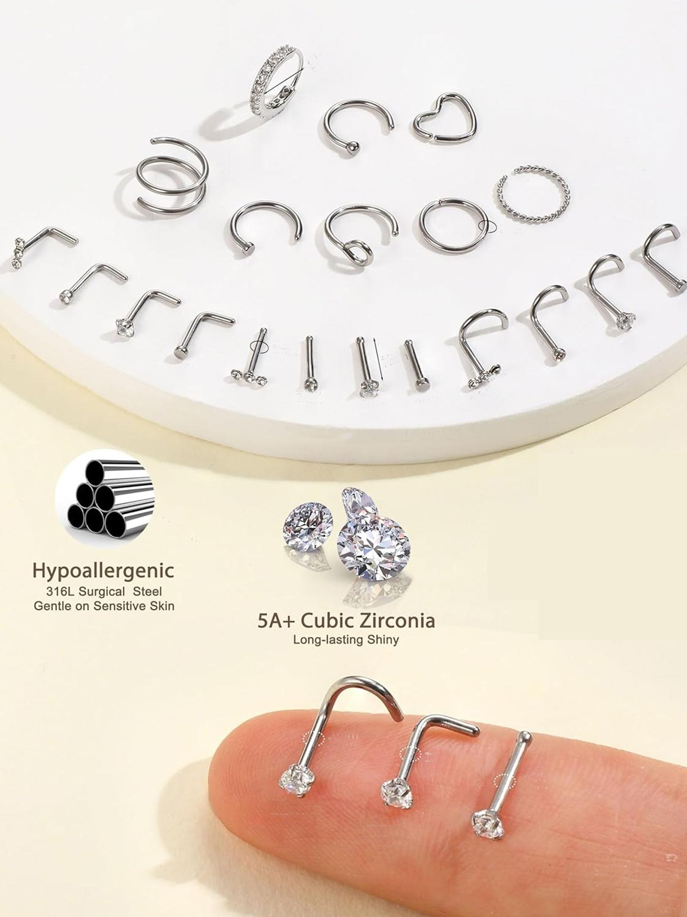 20g Nose Rings Hoops Nose Studs - Hypoallergenic Surgical Steel CZ Nose Stud L Shape Body Nostril Piercing Jewelry for Women Men 14k Gold Plated 20Pcs