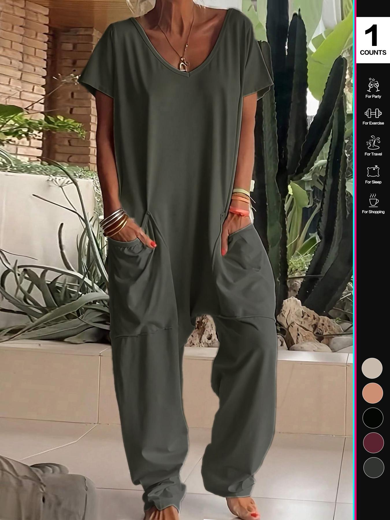 2026 Women's Casual Jumpsuit, Womenswear Short-Sleeve V-Neck Harem Pants, Loose Fit Wide Leg, Perfect for All Seasons, Stylish & Comfortable