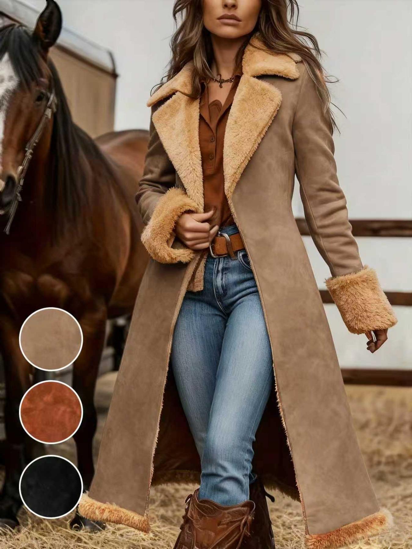 Women's Fleece-Lined Deer Skin Coat Jacket Fall Winter New Elegant Long Sleeve Button Mid-Length Outdoor Commute Party Wear