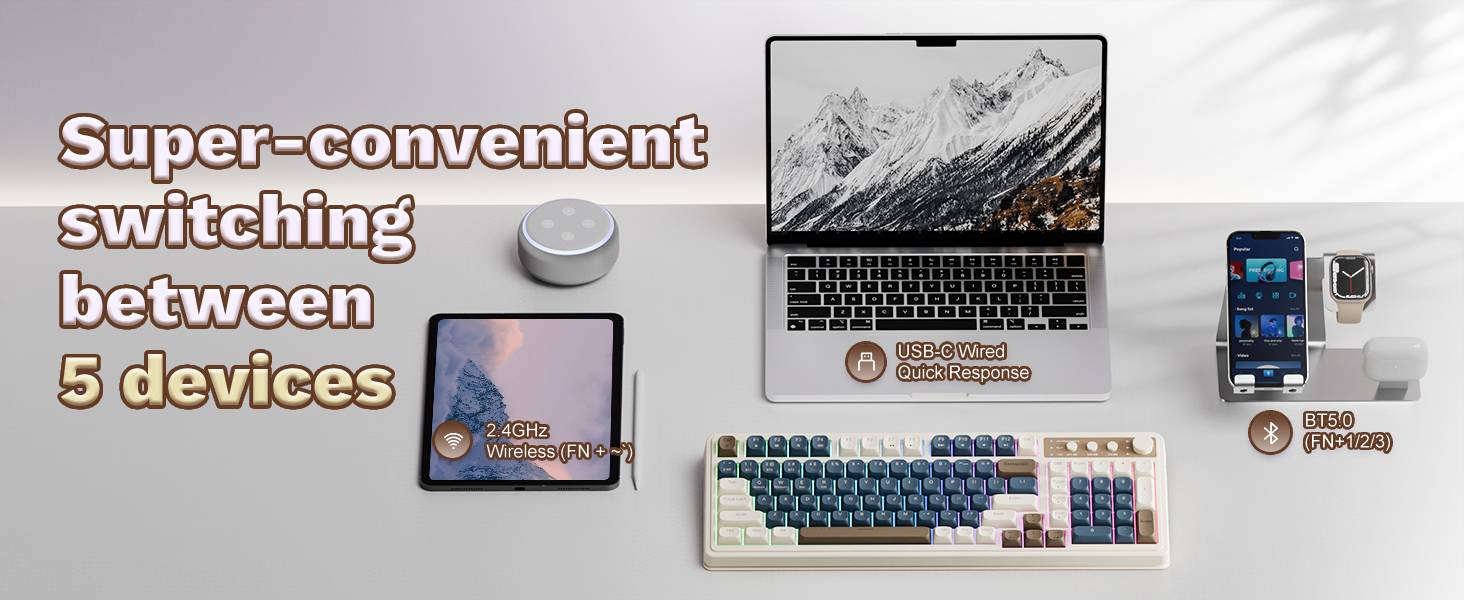 【Hero Product】AULA S99 Key Keyboard, Tri-Mode Bluetooth/2.4GHz/USB-C Cute Creamy Gaming Keyboard with Number Pad RGB Backlit, Media Knob Custom Mechanical Feel Computer Keyboard for MAC Xbox PC Gamer -Fixed Keycaps & Switches (Non-Replaceable)