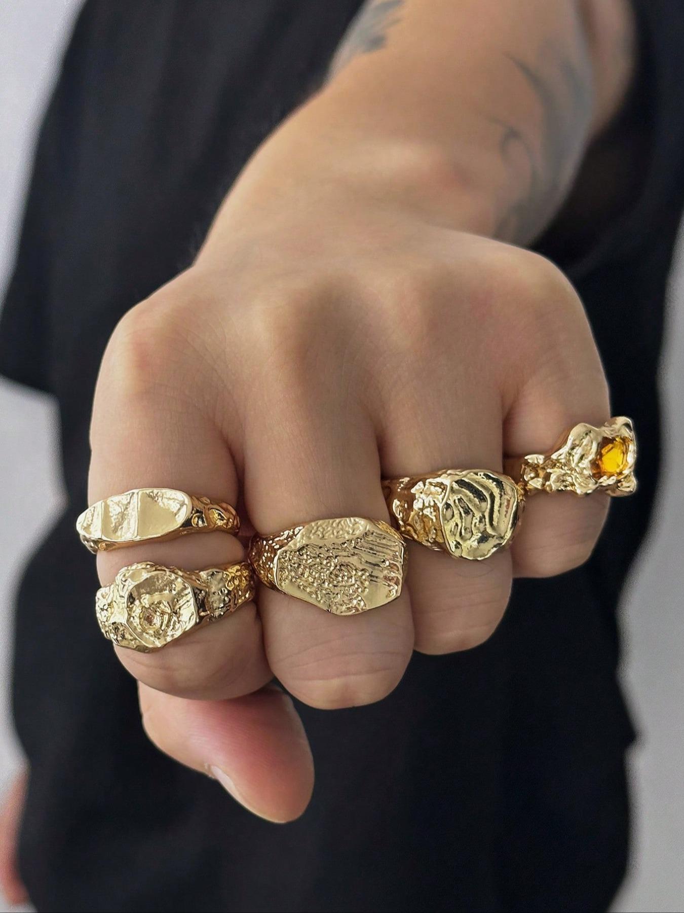 Set of 5 Fashion Hip Hop Punk Style Ring Liquid Geometric Metal Rings, Embedded Rhinestones, Adjustable Joint Rings for All Seasons