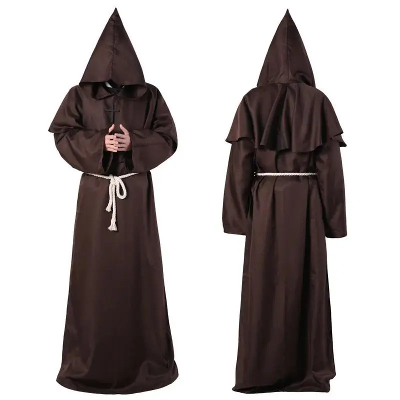 Halloween Medieval Monk Robe Cosplay Costume Black Wizard Priest Cloak Hooded Cape and Robe with Cross Necklace Accessories Suit
