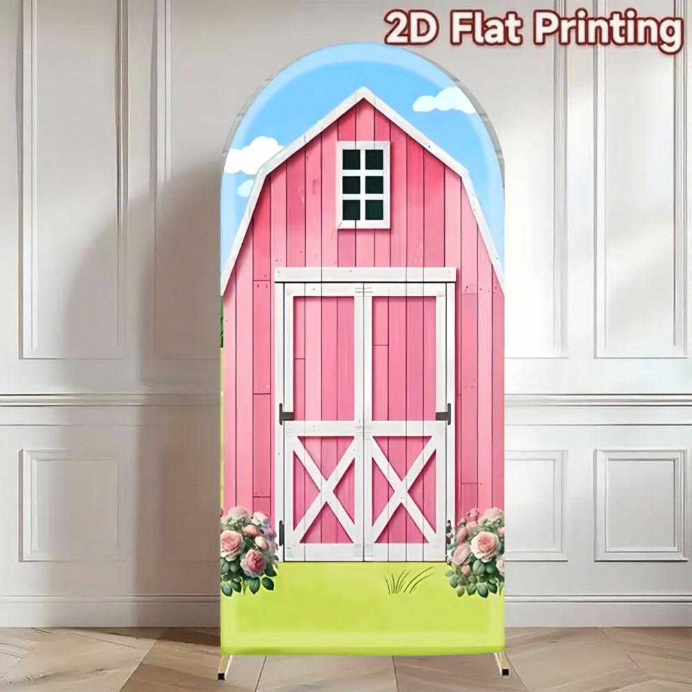 Scarecrow Pink Barn Arch Covers Stretchy Backdrop – Rustic Wood Farm Design, Perfect for Girls’ Farm Theme Birthday & Barnyard Party Photo Backdrop