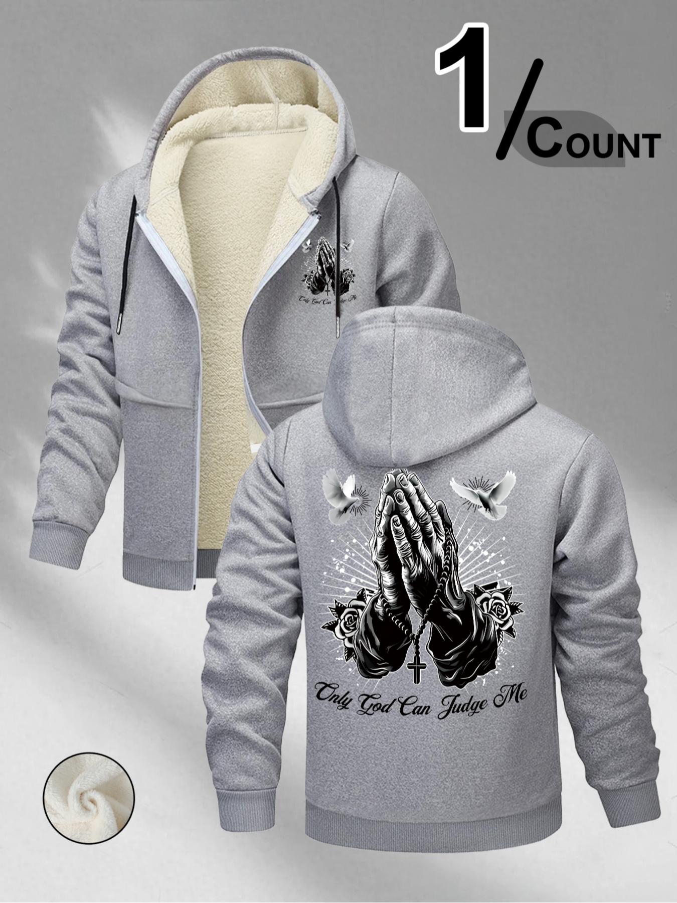 Trendy Religious Hoodie with 'only God Can Judge Me' Print, Casual Fitted Design, Winter Cartoon Pattern, Streetwear Style, Long Sleeve