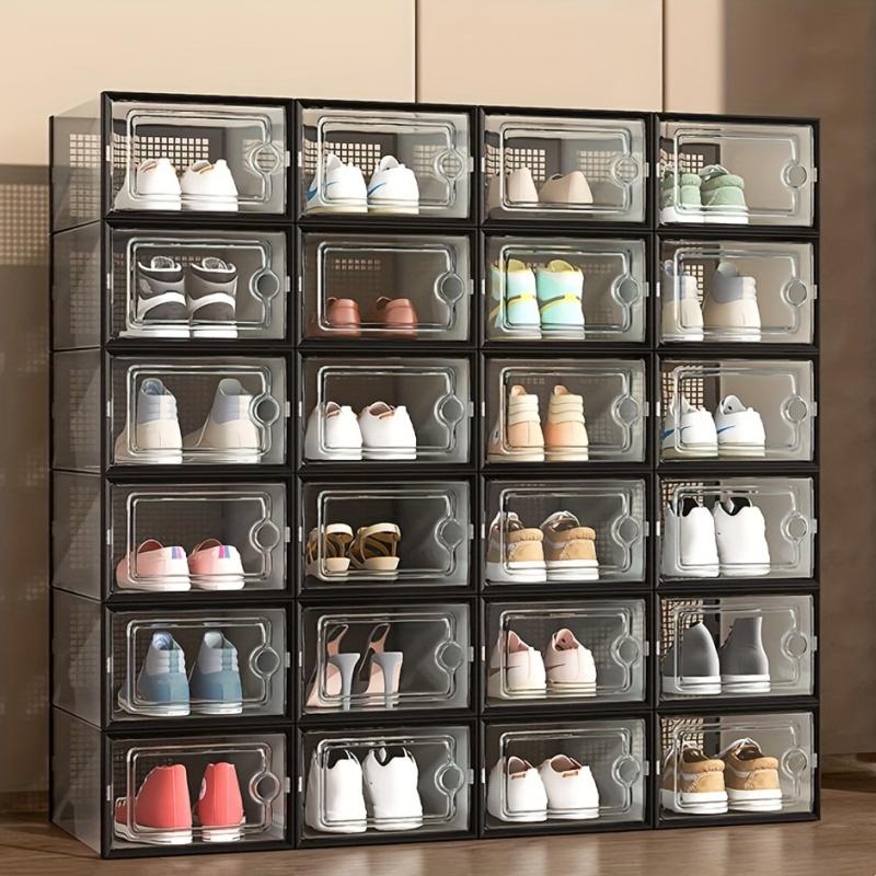 6-Pack thickened transparent shoe box (with lid), foldable stackable shoe rack, space-saving storage organizer, Clear shoe organizer, suitable for homes and dormitories