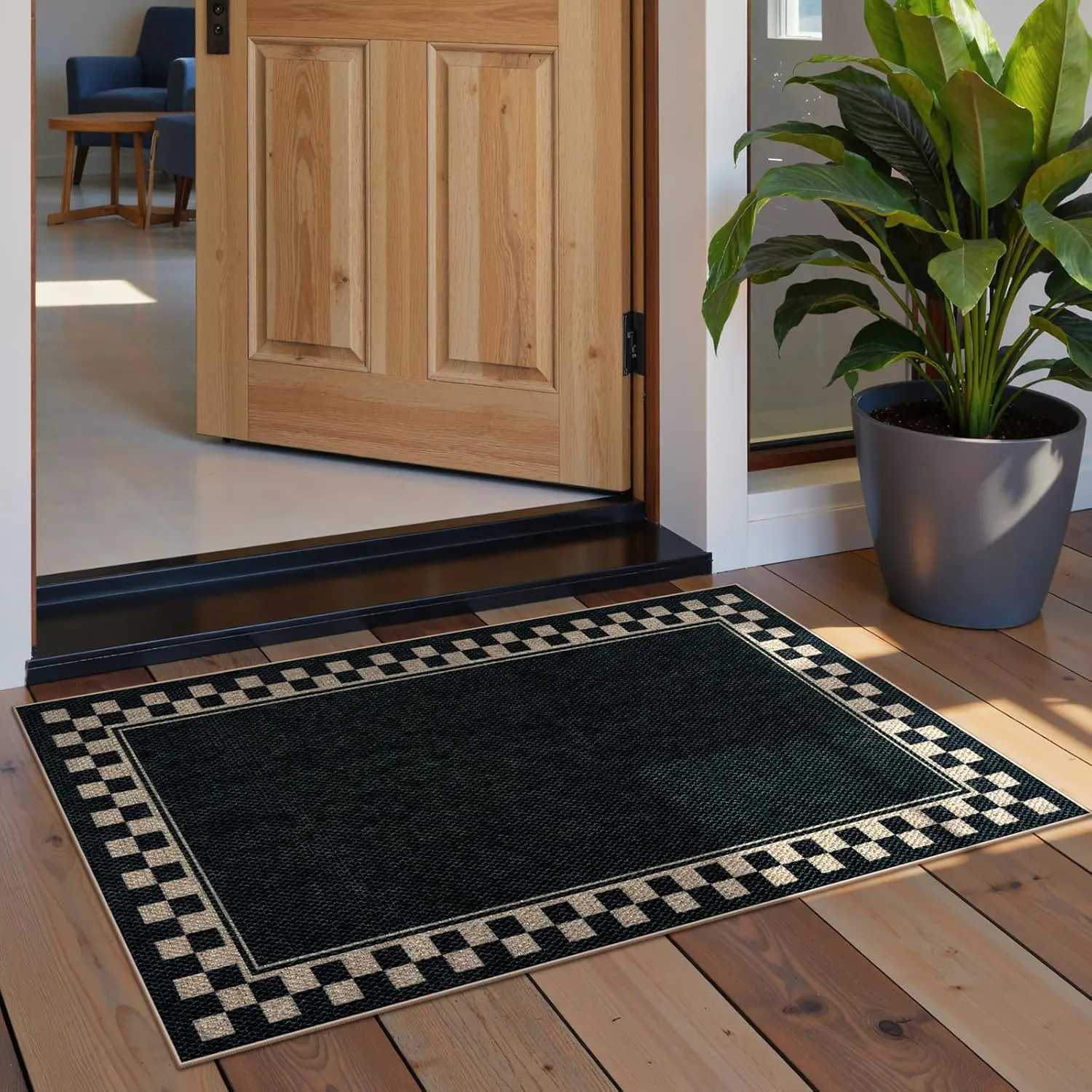 Easy Jute Front Door Mat Outdoor Entrance 2x3 Black Indoor Door Mat | Checkered Kitchen Rug Non-Slip Washable Area Rug  Modern Outdoor Doormat Throw Rugs for Entryway Doorway Porch Decor