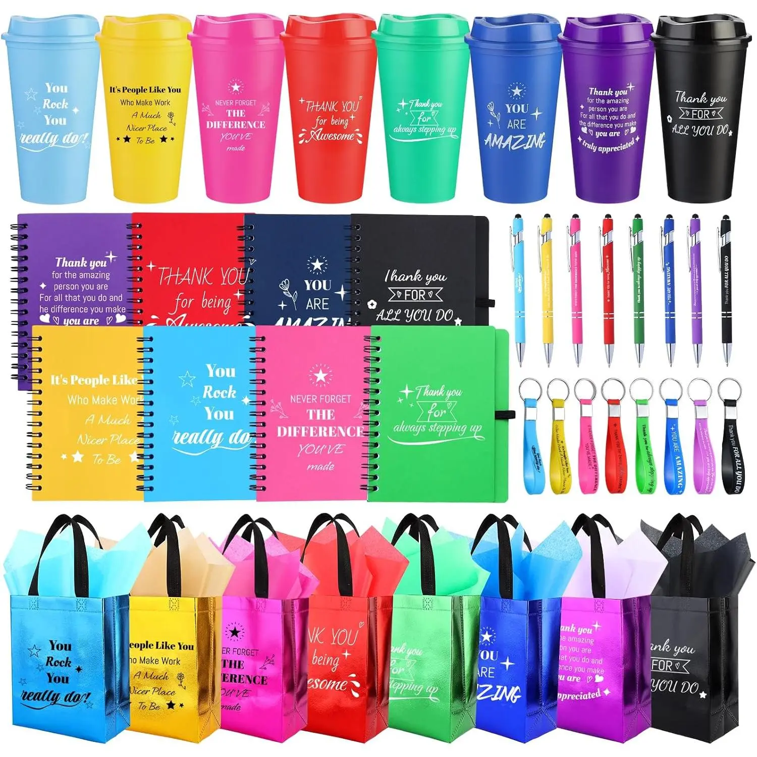 48 Pcs/8 Sets Employee Appreciation Gifts Bulk - Includes Thank You Gift Bags with Tissue Paper Notebooks Pens Cups Keychains - for Coworkers Teachers Staff Team Volunteers (Colorful)
