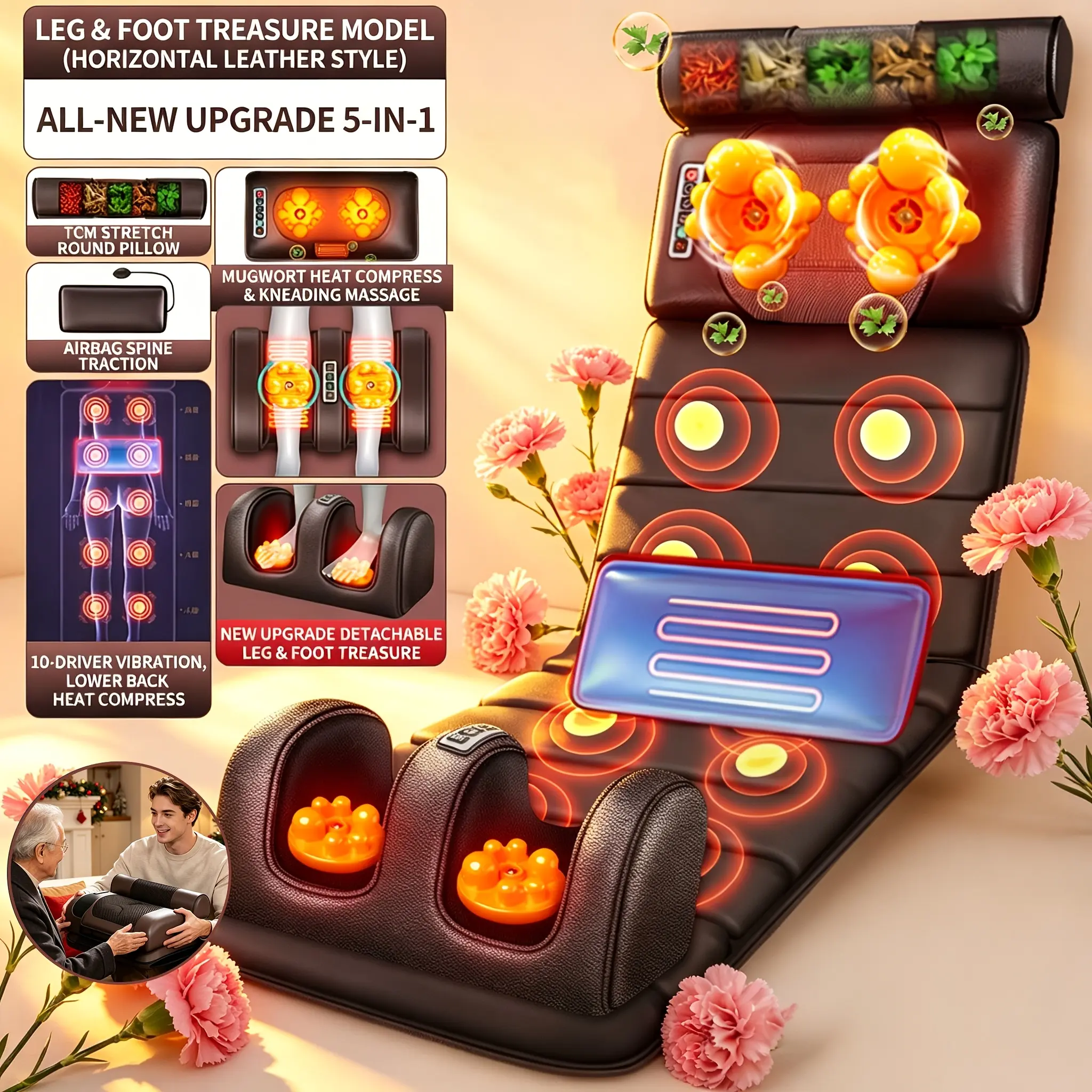 5-in-1 Full Body Massage Pad with Heating Function, Neck Shoulder Back Waist Leg Massager, Multi Mode Deep Relaxation Cushion, Foldable Massage Mat, Comfortable Leather Cover, Birthday Holiday Gift for Parents And Loved Ones