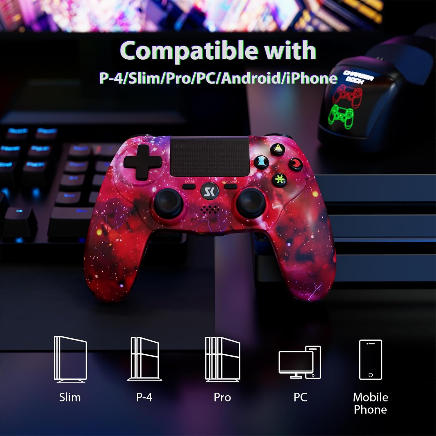 ISHAKO Wireless Game Controller for PS4/PS3/Android/iOS/PC, With six-axis gyroscope, motion sensing, Double Vibration, PS415