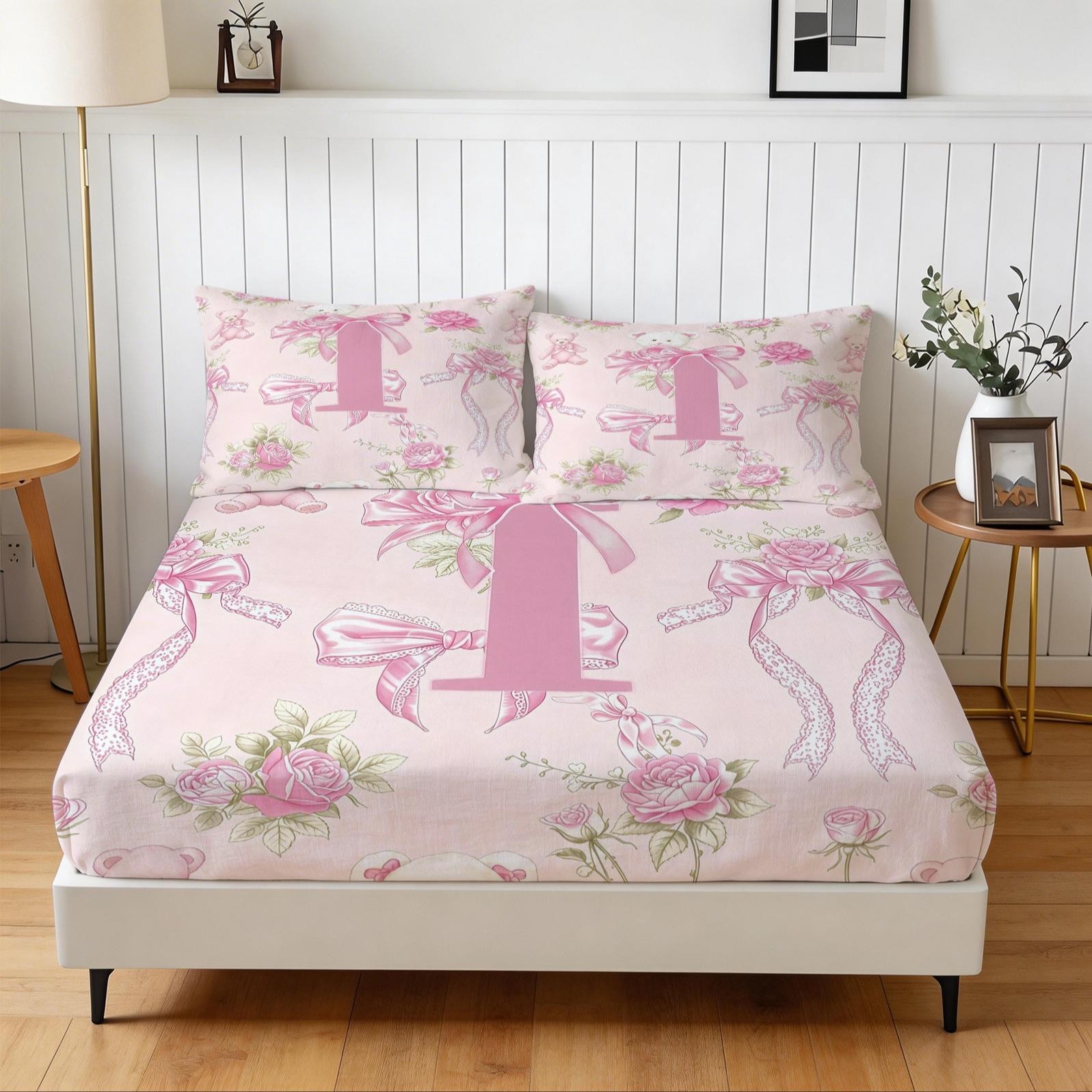 Pink Coquette Initial Letter Fitted Sheet Set, Soft Skin-Friendly, Cute Teddy Bear & Rose Floral Bedding, Girly Bow Print, 3 Pieces (1 Fitted Sheet + 2 Pillowcases), Deep Pocket, Aesthetic Room Decor, Perfect Gift